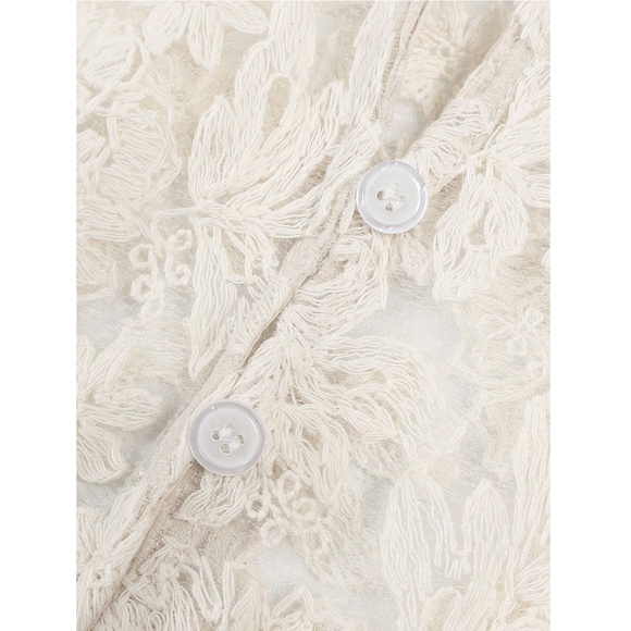 Guipure Lace on Mesh Cream V-Neck Floral Pattern Button Down Shirt - Picture 9 of 10